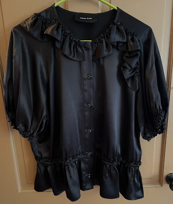 RARE! Simone Rocha Black Silk Blouse Ruffles Peplum Short Puffy Sleeves US6/UK10
