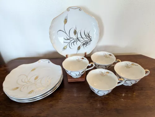 Vintage Lefton China Gold Wheat Set of 4 Luncheon/Dessert Plates and Tea Cups