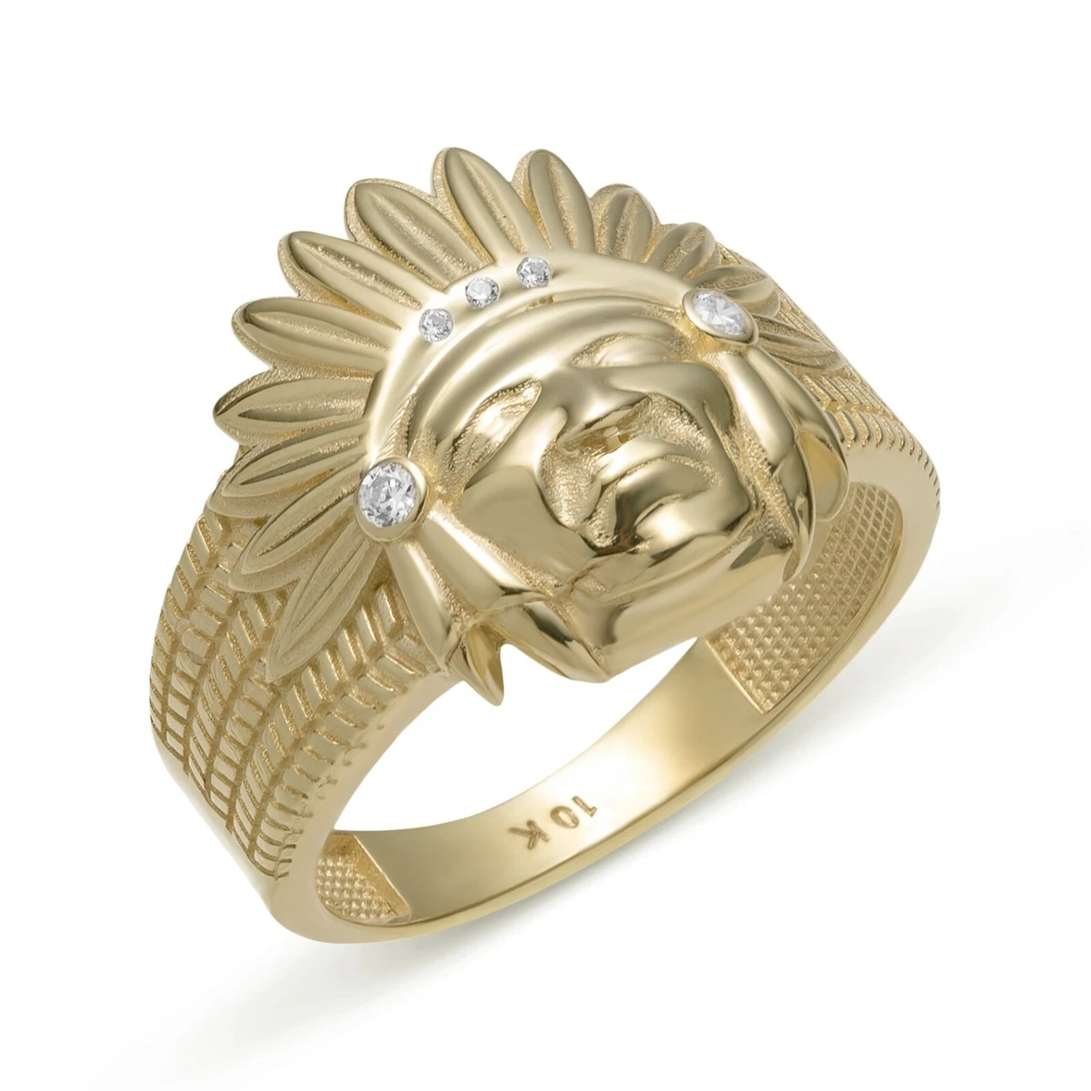 CZ Native American Indian Chief Ring Solid 10K Yellow Gold