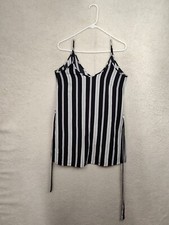 Forever 21 Women Dress Small Black Stripe Poly Blend Sleeveless Side Slit Belted