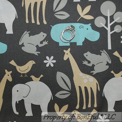 BonEful Fabric FQ Cotton Quilt Gray Elephant Blue Yellow White Baby Nursery Zoo