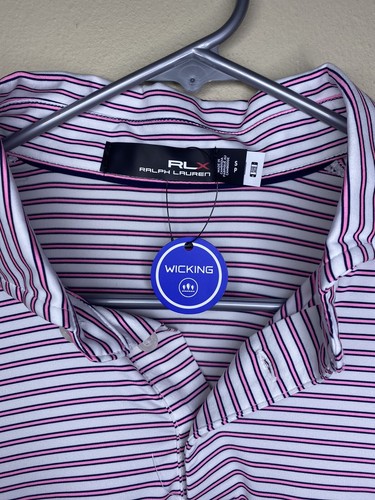 RLX Polo Ralph Lauren Moisture Wicking Pink White Striped Polo Mens Small NWT - Picture 2 of 5