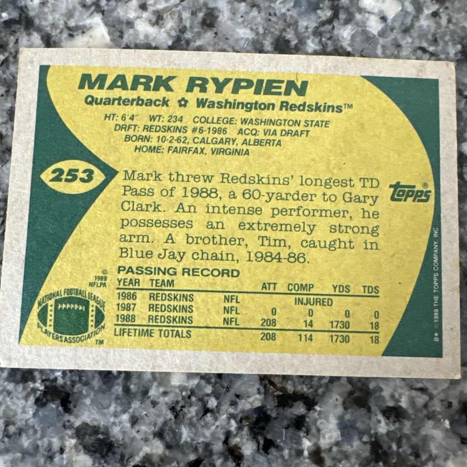 1989 Topps Mark Rypien #253 Super Rare Rookie Card ERROR shows 14 comp ...