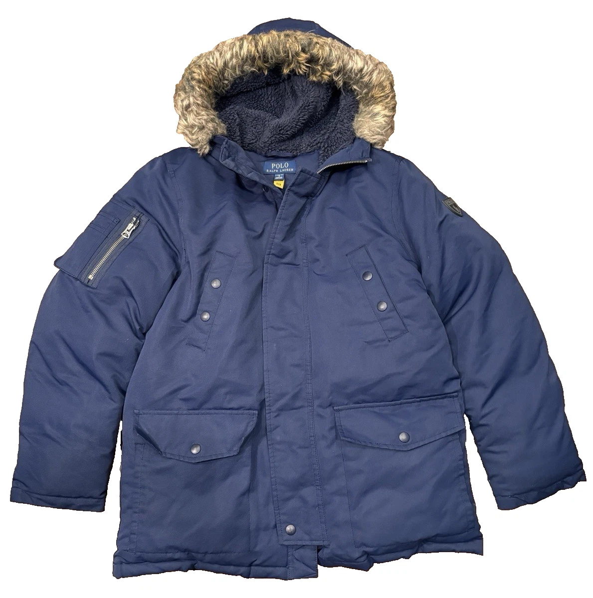 Polo Ralph Lauren Jacket Boys Large 14-16 Navy Blue Faux Fur Hood Parka Youth