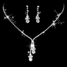 Bride Silver Bridal Rhinestone Necklace Earrings Set Crystal Wedding Jewelry Set