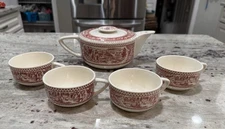 Royal China Memory Lane Pink Red Teapot With Lid & 4 Tea Cups Mugs