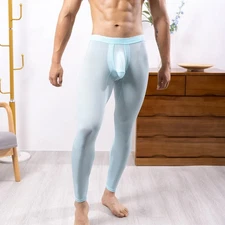 Men Long Johns Leggings Ice Silk Pants Breathable Penis Pouch Sports Underwear