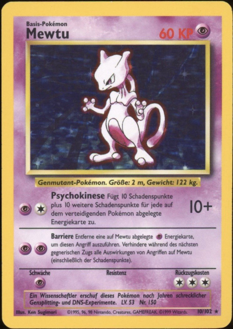 1999 Pokemon GERMAN Unlimited Base Set Mewtu-Mewtwo Holo 10/102 EX