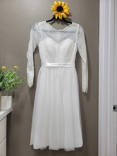 JJ's House White Lace 100 Polyester A-Line Illusion Long Sleeve Wedding Dress