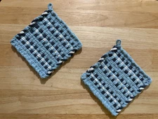 Handmade 2 Beautiful Multicolor Cotton Woven Potholders Powder Blue Denim White