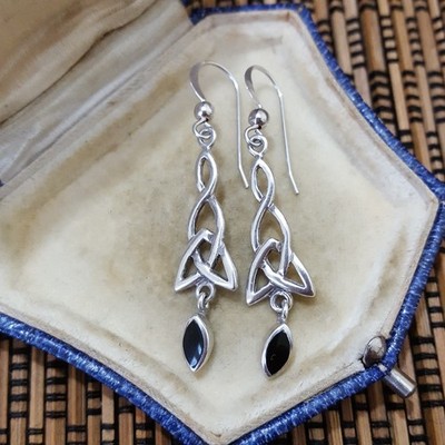 Vintage 925 Sterling Silver Earrings, Celtic Black Onyx Earrings, Kit Heath 1996