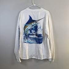 Guy Harvey Men's XL White Tee Longsleeve Shirt Marlin Outdoors Saltwater Stained