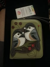 NEW CHALA CHICKADEE BIRD ZIPPERED WALLET GREEN FAUX LEATHER