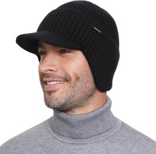 Winter Beanie with Brim and Ear Flaps, Outdoor Warm Fleece Lined Knit Hat Stocki