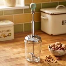 ACME Food Chopper Vintage Glass Jar Nut Onion Mincer Aqua Wood Handle 11-B-339