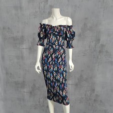 Little Mistress Floral Shirred Dress Black Multicolour UK10 Bardot Occasion 1009