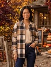 Women's Plaid Flannel Shacket, Brown/Black/White, Sz M, Warm Cozy