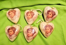 VTG Paper Mache Victorian Angel Face Christmas Ornaments Heart Shaped Set of 6
