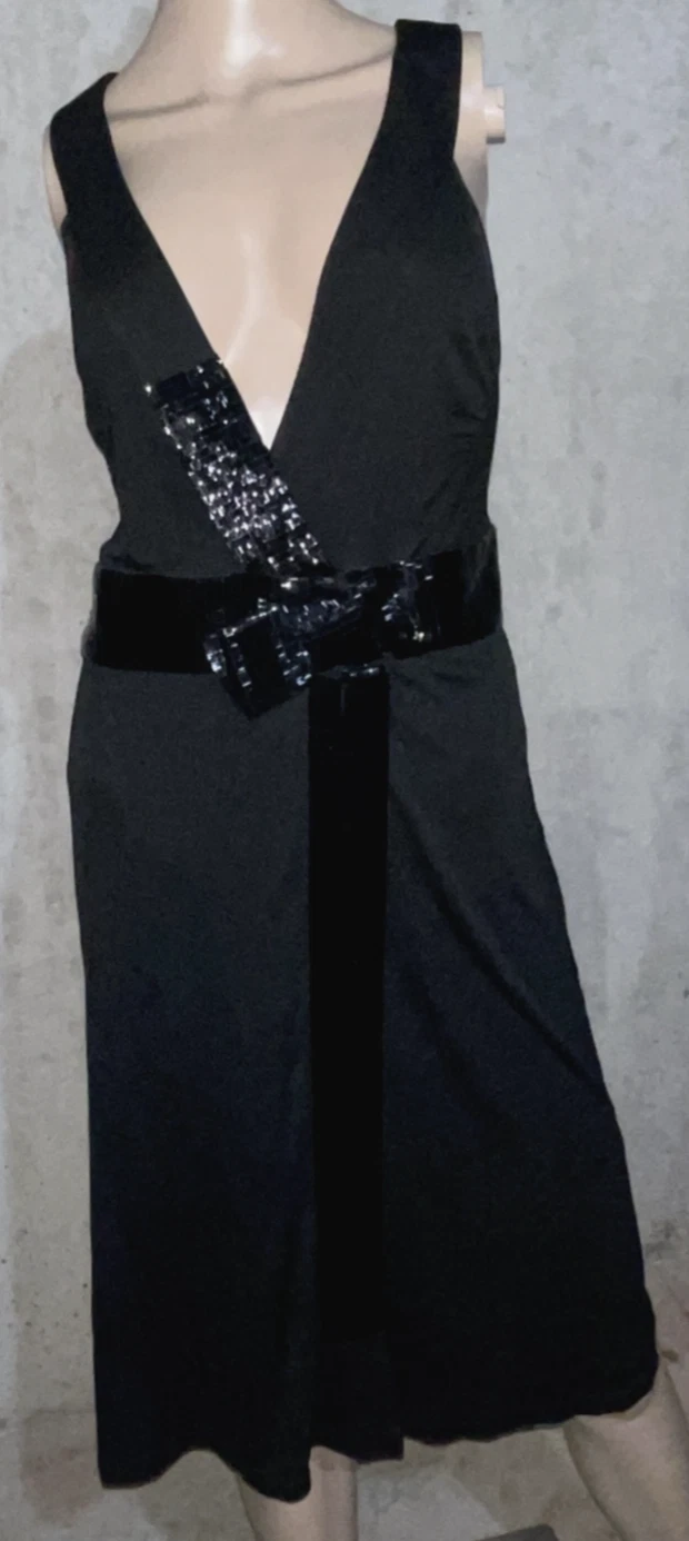 Abito da cocktail Celine vintage nero con perline ricamate fiocco avvolgente US 2 4 FR 36