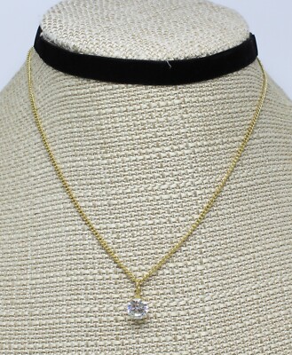 New Gold & Velvet Two Layer Choker with Rhinestone Pendant #N2726