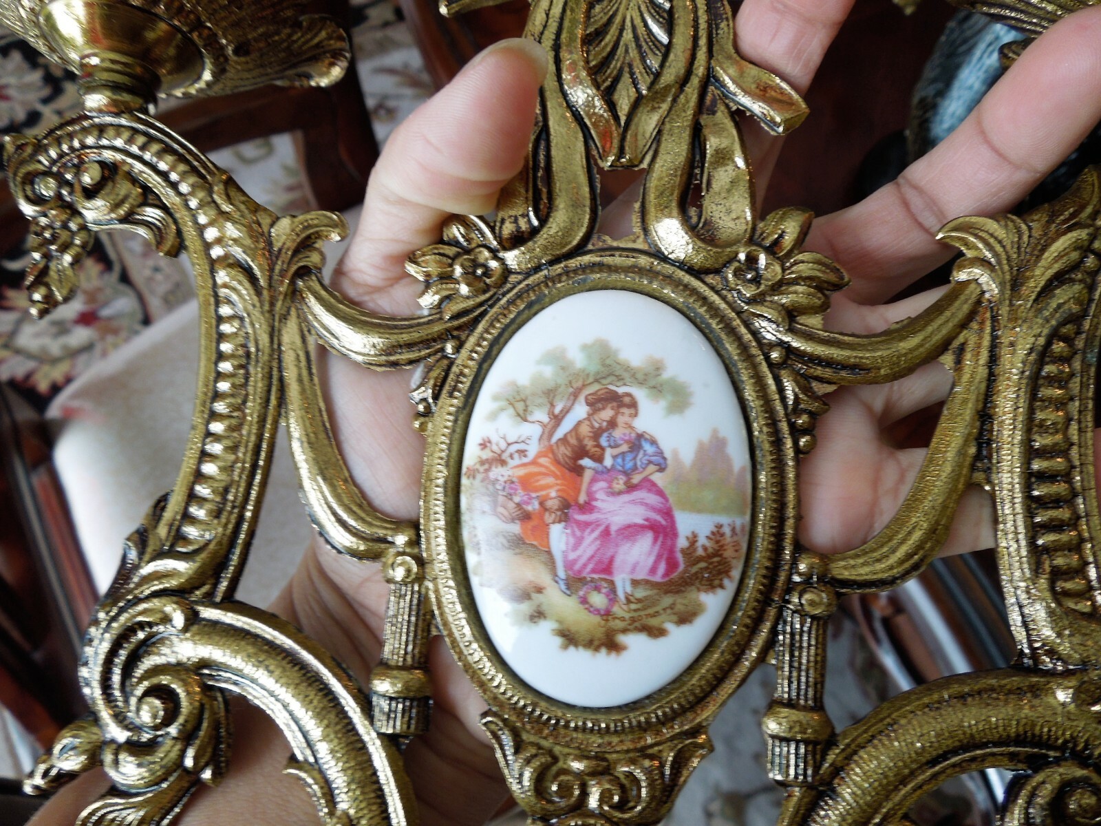 PAIR ORNATE ANTIQUE VICTORIAN GILT BRASS & PORCELAIN CANDELABRA SET  FRAGONARD