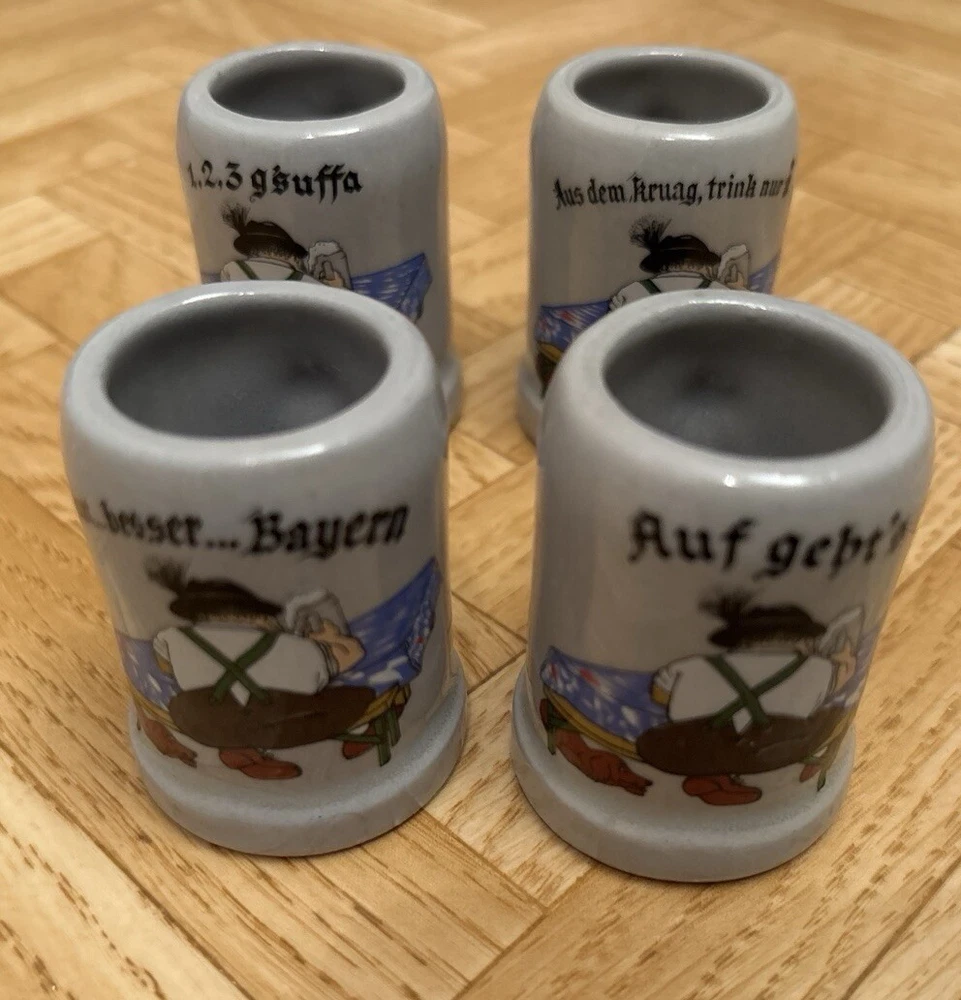 6 Schnapsgläser, Bierkrug Form, Höhe ca. 5,5 cm, Bayern Sprüche