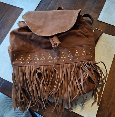 American Eagle Boho Backpack Brown Fringe Studded Drawcord Top Closure 