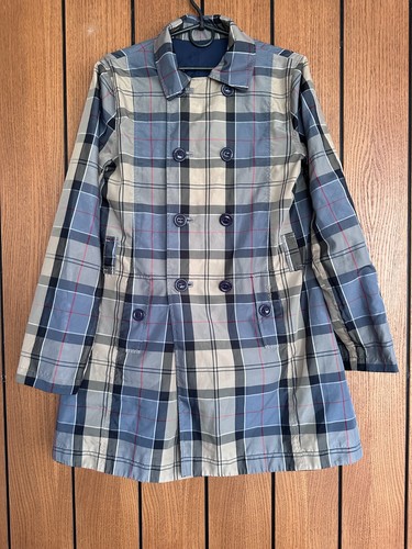 Barbour Cedar Trench Coat Size 10 Navy Tartan Reversible Lightweight Button - Picture 5 of 8