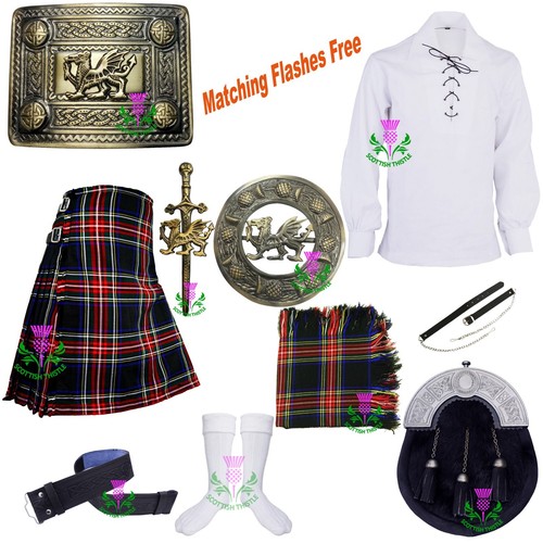 Scottish Men's Kilt outfit Set 10PCS Black Stewart Tartan Acrylic Wool 8 Yards - Picture 4 of 9