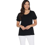 H by Halston Knit Crepe Scoop Neck Top w/Twist Sleeve Detail-Black-Large A311449