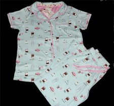 2-Pc Munki Munki Coffee Latte Doughnuts S/S Button Top Pants Pajamas Wm's NWT