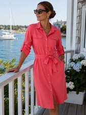 Calvin Klein Coral Belted Shirt Dress | Coastal Chic | Classic Button Front