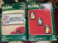 2X Bucilla Christmas Heirloom Vtg Wall Hanging "Christmas" 60619 & ORN 48994 Lot