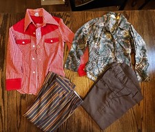 Vtg 70s Youth Pant shirt Lot Bell Bottoms paisley plaid Brady Bunch 6-7