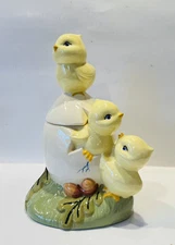 Vtg Ceramic Hand Painted Baby Chick Trio Hatching Egg Lidded Jar/Dish USA