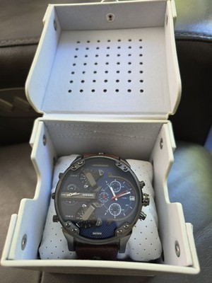DIESEL DZ7314 MR DADDY BLUE DIAL BROWN LEATHER GUNMETAL MULTI-ZONE CHRONO WATCH