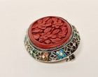 Vintage Chinese Cinnabar Style Carved Red Floral Brooch Enamel Filigree Pin — photo 9