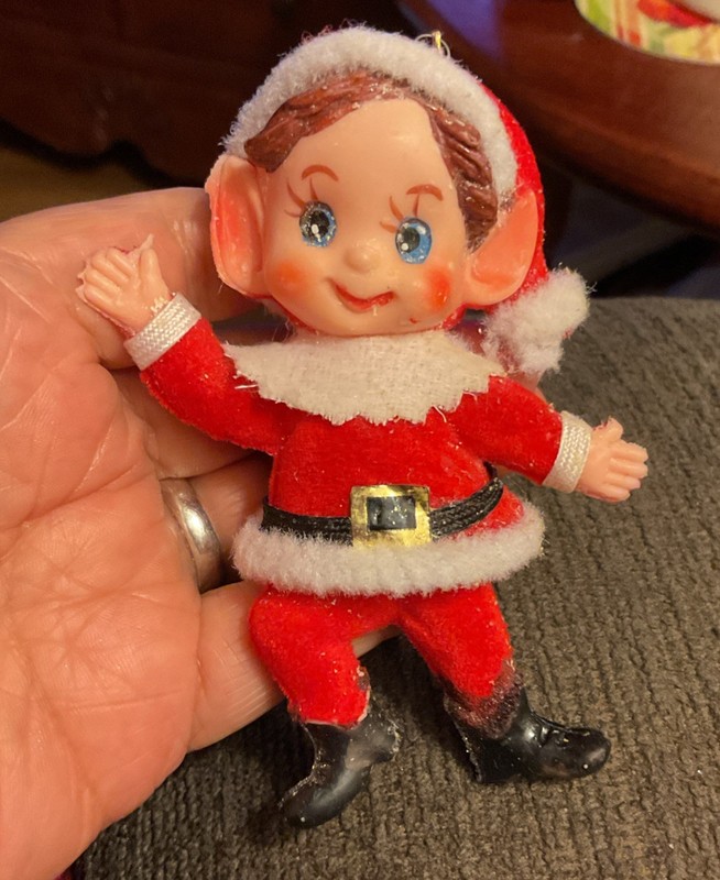 Vtg 1960s MCM Flocked Red Santa's Helper Elf Christmas Ornament Dancing Pixie