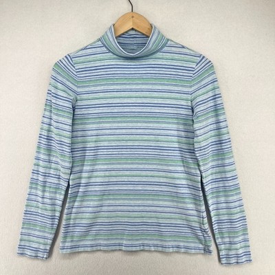 LL BEAN Top Womens XS Striped Mock Neck Long Sleeve Stretch Jersey Cotton Blue