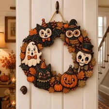 Halloween Door Decoration Wooden Ghost Wreath For Front Door Sign Pumpkin