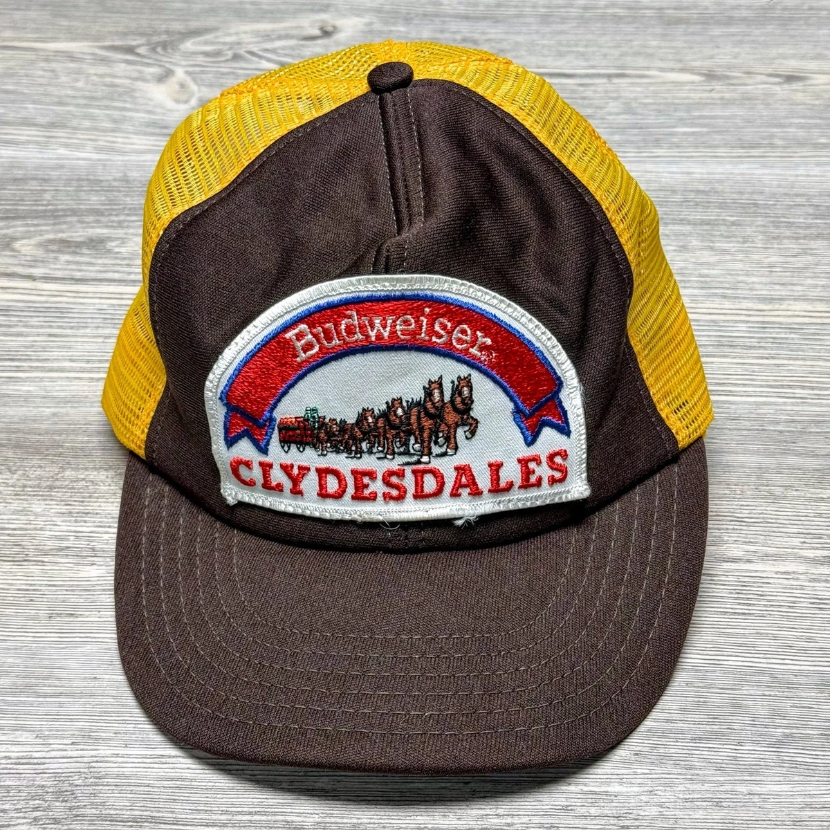 Vintage Budweiser Hat Cap Clydesdales Mesh Brown Yellow Snapback