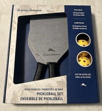 Tommy Bahama Pickleball Set Of 2-Wooden Paddles Blue with 2-Yellow Game Balls