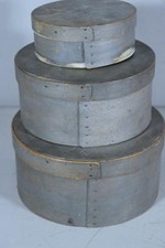 RARE SET OF 3 19TH C ROUND PANTRY BOXES IN ORIGINAL PALE BLUE PAINT & LABELS