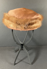 Vintage 1950s Brown Satin Pillbox Hat w/ Fur Trim Union Made USA