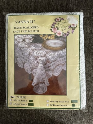 Vtg Crochet Victoria Classic Vanna II HandScalloped Lace Tablecloth White 60x84