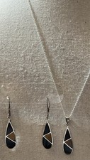 Sterling Silver TMA MD Stone Pendant Necklace Earring Set Thailand 17"