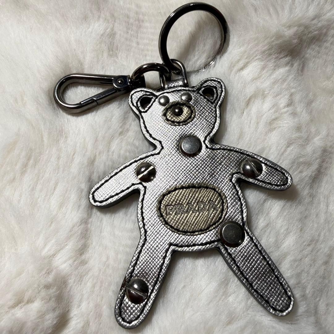 PRADA Pig-chan Kuma-chan Metal Keychain Silver Button Decor Used