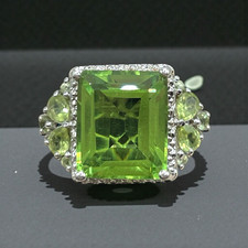 STS Emerald cut Peridot CZ Halo 925 Sterling Silver ornate ring 6g Size 8