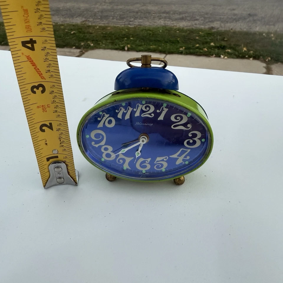 Vintage Blessing Alarm Clock West Germany Green Blue Retro MCM Decor Wind Up - Image 3 of 4