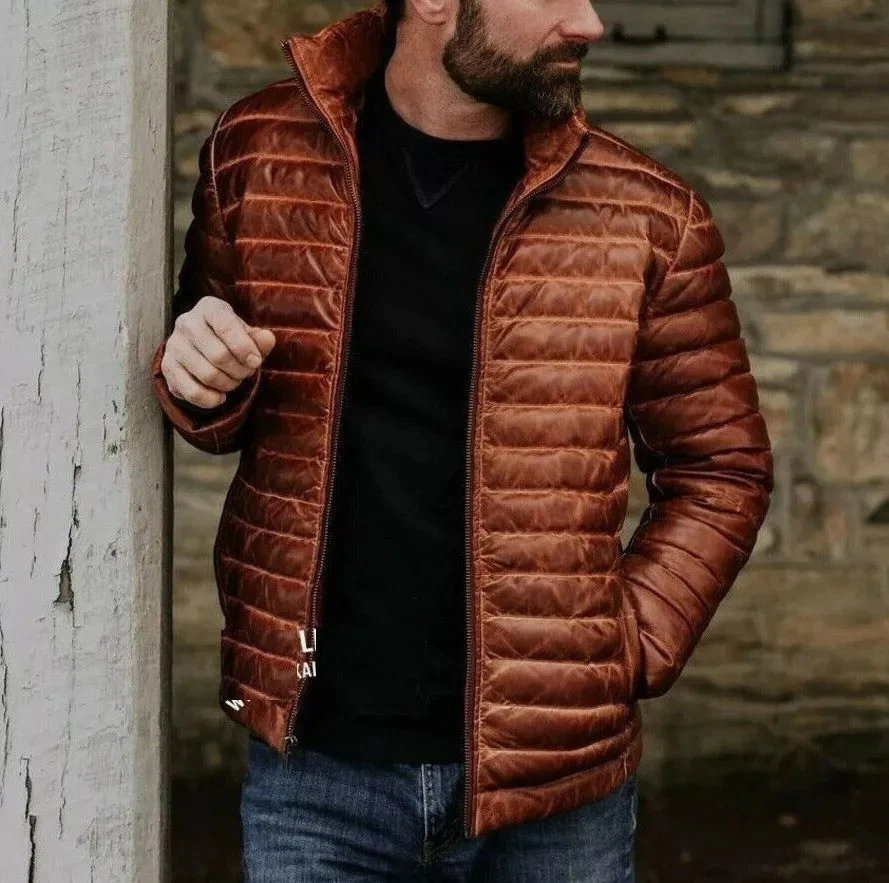 New Men's Antique Brown Real Leather Jacket Puffer Fully Quilted Lambskin Jacket